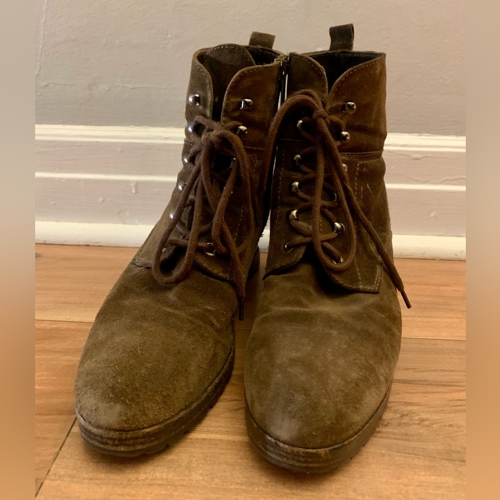 Aquatalia Chance Wedge Combat Boots Brown Suede Lace Up Booties Ankle Shoes, 10